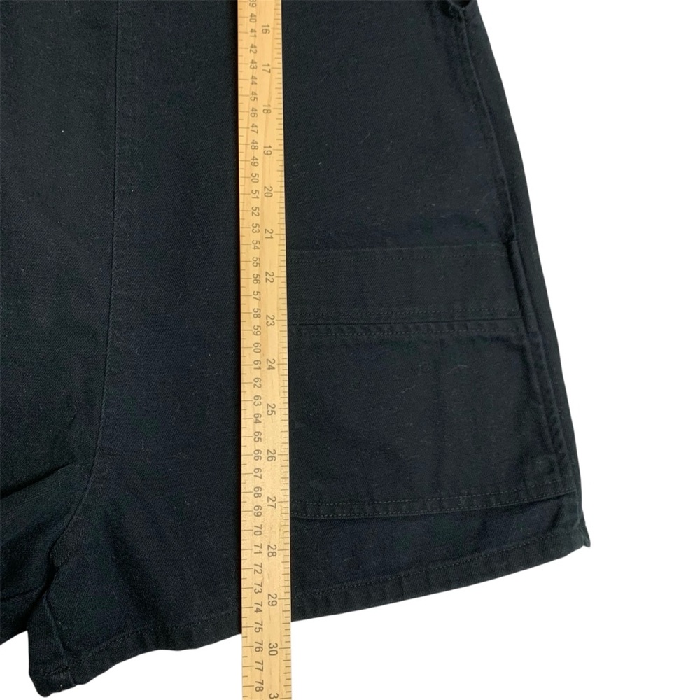 Black Denim Cotton Overalls Shorts Romper Adjustable Straps Sz M Patch Pockets - Picture 10 of 11